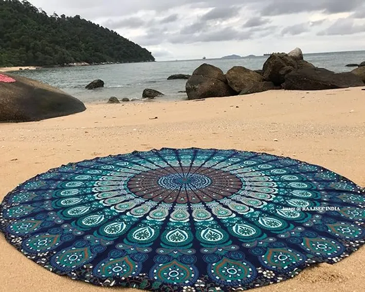Raajsee Round Beach Tapestry Turquoise Mandala Throw/Boho Hippie Beach Blanket Roundie/Indian Cotton Bohemian Large Round Table Cloth-Home Decor/Yoga Mat Meditation Picnic Rug 69 inch