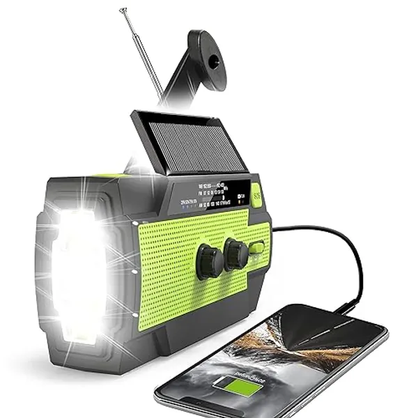 Emergency Crank Weather Radio, 4000mAh Solar Hand Crank Portable AM/FM/NOAA, with 1W 3 Mode Flashlight & Motion Sensor Reading Lamp, Cell Phone Charger, SOS for Home and Emergency Green