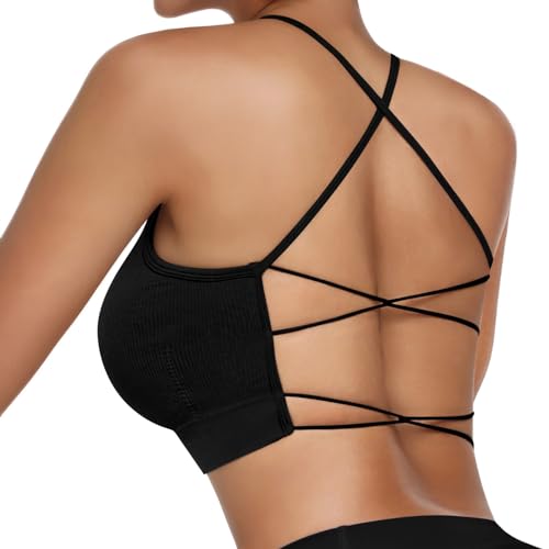 Vertvie Femme Soutien-Gorge de Sport avec Dos Croisé Brassière Sport Yoga sans Armature Coussinets Amovibles Bra Rembourré Bralettes Respirants Bustier Crop Top - M - 1pc:noir