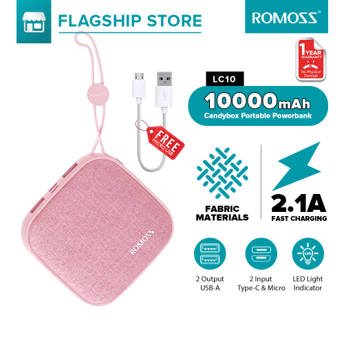 Romoss LC10 Mini Power Bank 10000mAh Fabric Portable Pocket Size Dual USB Output Charging Powerbank with Hanging Ring for Mobile Phone Charging