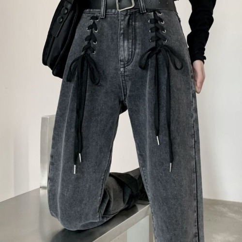 'Heat of the moment' Black Grunge Lace Up Denim Pants - Black gray / XL