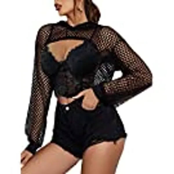 Avidlove Mesh Hoodie Crop Top Womens Fishnet Shirt Long Sleeve Crop Top Hoodie