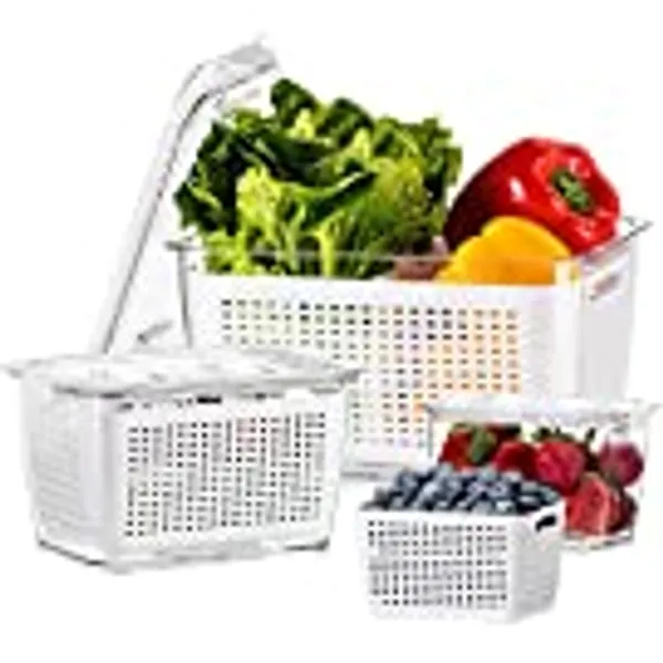 Fresh Containers for Fridge,Luxear 3 PACK Vegetable Fruit Storage Containers Stackable BPA Free Produce Containers With Vents&Lids, Drain Tray Containers for Veggie,Berry,Fruits and Vegetables,White