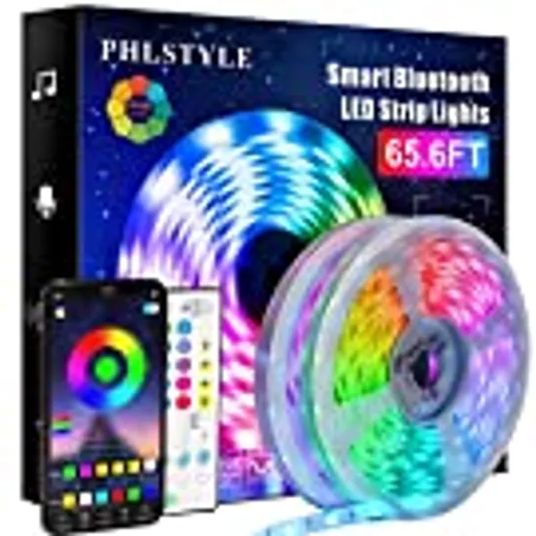 65.6ft/20m LED Lights, PHLSTYLE LED Lights Strip for Bedroom Music Sync, App Controlled Bluetooth RGB LED Light Strips, with Remote 16 Million Color Changing LED Strip Lights, Sensitive Built-in Mic