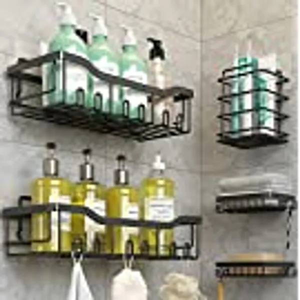 Adhesive Shower Caddy, 5-Pack Shower Shelves, Large Capacity Load Bearing 40 LBS Shower Organizer, No Drilling Shower Shelf, Rustproof Stainless Steel Bathroom Shower Storage, Black Coraje