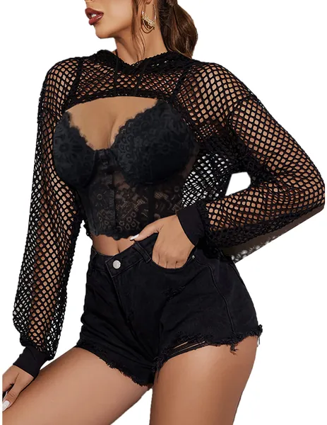 Avidlove Mesh Hoodie Crop Top Womens Fishnet Shirt Long Sleeve Crop Top Hoodie