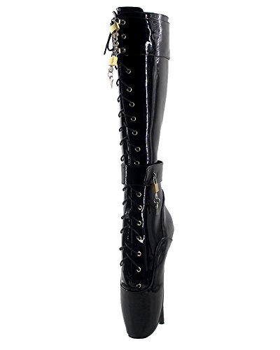 Wonderheel 7" aiguille genou haut talon sexy fétiche verni lacets bottes cuir verni padlocks ballet femme - 42 EU