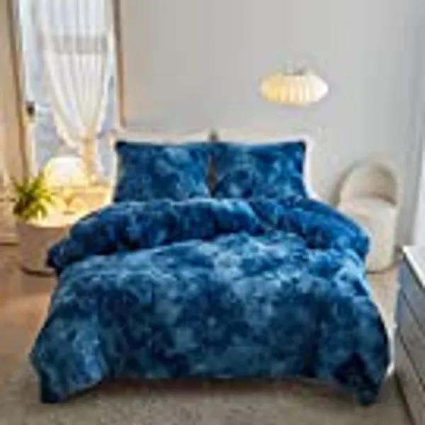 Jameswish Shaggy Plush Duvet Cover Set Super Soft Fluffy Faux Fur Comforter Cover Set Luxury Fuzzy Bedding Set 3 Piece(1Duvet Cover+2Pillowcases) with Zipper Clusure(Blue White Ombre,King Size)