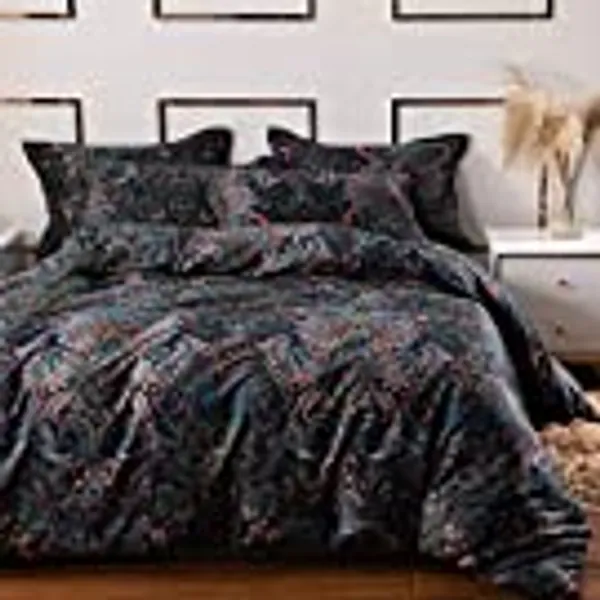 Softta Vintage Paisley Bedding Sets 3Pcs Duvet Cover Set King Size Rustic Damask Black Quilt Cover Floral 100% Brushed Cotton Zipper Closure Boho Bedding Collections