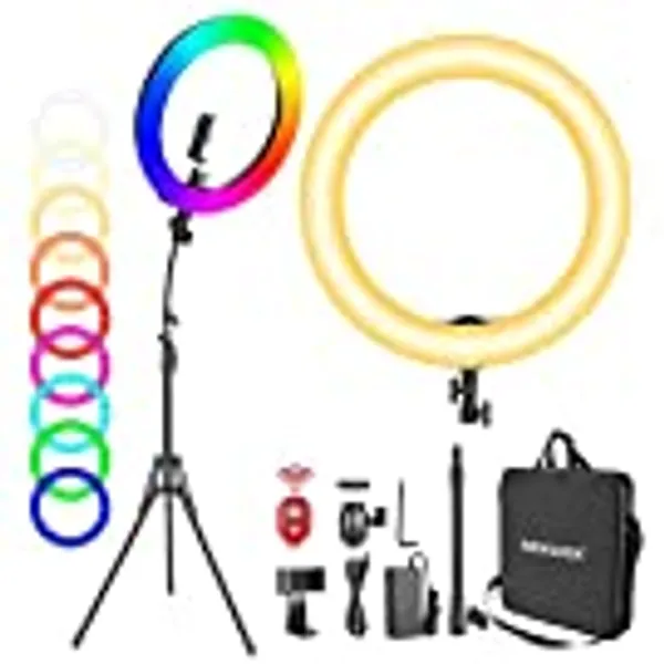Neewer 18” RGB Ring Light with Stand, Dimmable LED Ring Light with Phone Holder/Bi-Color 3200K–5600K/97+ CRI/0-360° Full Color/9 Scene Effects for Selfie Makeup Zoom Calls YouTube Video Shooting