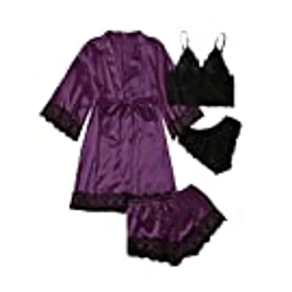 WDIRARA Women' Silk Satin Pajamas Set 4pcs Lingerie Floral Lace Cami Sleepwear with Robe