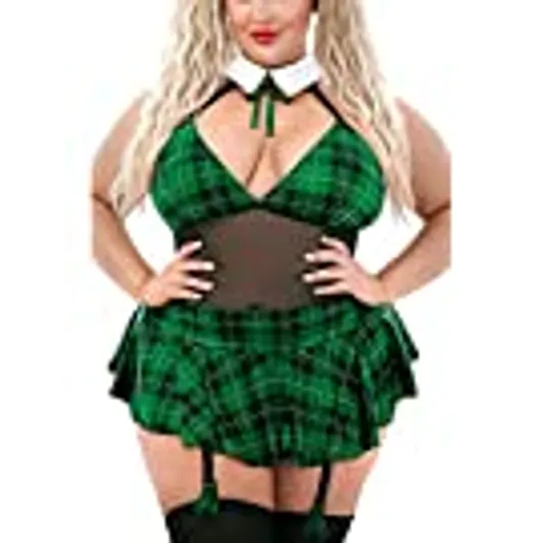 EVELUST Womens Plus Size Schoolgirl Lingerie - Sexy Roleplay Uniform Plaid Sheer Halter Teddy Tie Mini Skirt Costume Set