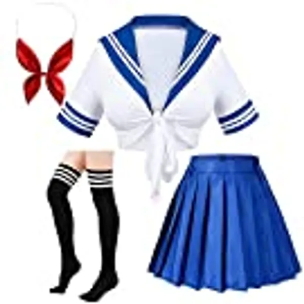 Elibelle Japanese Anime Schoolgirl Classic Sailor JK Harajuku Crop Top Tie up Pleated Skirt Uniform Seifuku Socks Bow set