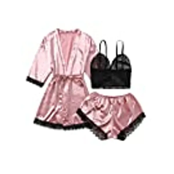 WDIRARA Women' Silk Satin Pajamas Set 4pcs Lingerie Floral Lace Cami Sleepwear with Robe