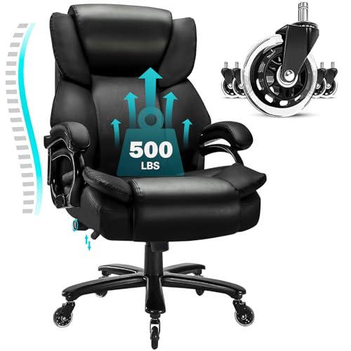 Indulgear Big and Tall Office Chair,500lbs Capacity Heavy Duty Office Chair for Heavy People, High Back Executive Office Chair with Adjustable Lumbar Support, Quiet Rubber Wheel, Thick Padded - Black