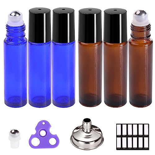 PrettyCare Roller Bottles For Oils 10 ml (Amber Glass and Blue Glass, 6 Pack, 1 Extra Stainless Steel Balls, 12 Labels, 1 Opener, 1 Funnels Essential Oil Roller Bottles, Roller on Bottles - 3Pack Amber + 3PackBlue
