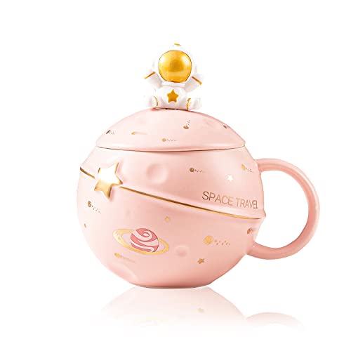 Yalucky Kawaii Astronaut Cup Space Embossed Planet Mug, Cute Ceramic Coffee Mug, Novelty Mug with Lid and Spoon for Coffee, Tea, Milk, Aesthetic Room Decor Funny Gift for Girl Boy Women((Pink) - Pink
