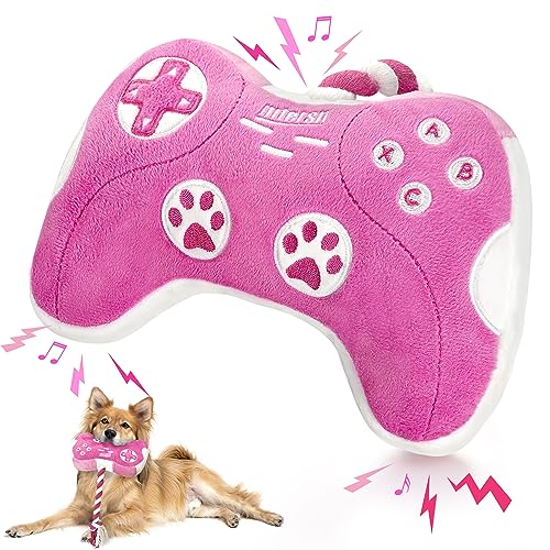 MTERSN Cute Dog Plush Toys : Squeaky Dog Toys with Crinkle Paper and Interactive Rope Toy for Tug of War - Game Controller Dog Chew Toy with 3 Squeakers for Puppy, Small, Medium, Large Dogs (Pink) - Pink