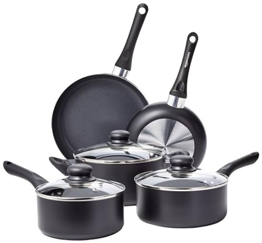 Amazon Basics Non-Stick Cookware 8-Piece Set, Pots and Pans, Black - 8-Piece Set