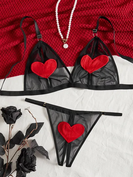 Heart Patched Mesh Lingerie Set