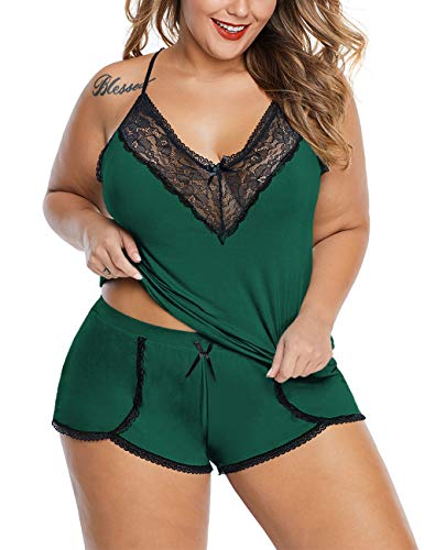 XAKALAKA Women Plus Size Pajamas Cami Shorts Set Nightwear Sexy Lace Lingerie Sleepwear - 4X-Large - Dark-green