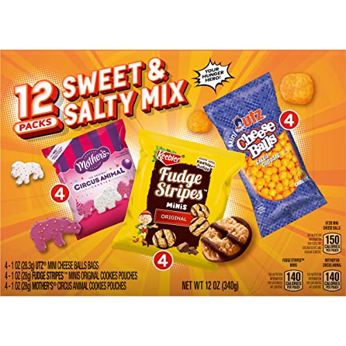 Keebler Sweet & Salty Mix, Keebler Fudge Stripes, Mother's Circus Animals, Utz Mini Cheese Balls, 1 Oz. (Pack of 12) - 1 Ounce (Pack of 12)
