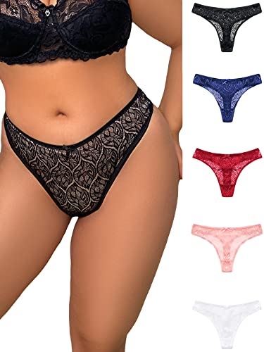WDIRARA Women's Plus Size 5 Packs Lace High Waisted Thong See Through Panty Underwear - 4X-Large Plus - Multicolor