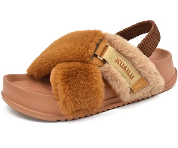 KuaiLu Womens Fuzzy Cross Band Platform Slippers with Back Strap Arch Support Furry Faux Fur Ladies Open Toe Slingback Slide Slippers Cozy Soft Plush Fleece Comfy House Shoe Sandals for Indoor Outdoor - Tan - 12