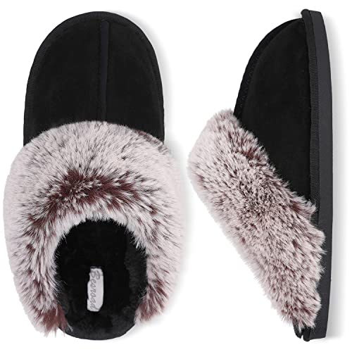 Besroad Winter Fuzzy House Slippers Sandals Plush Faux Fur Fluffy Flats Slippers Warm Slide Shoes for Women - 11.5-12.5 - Black
