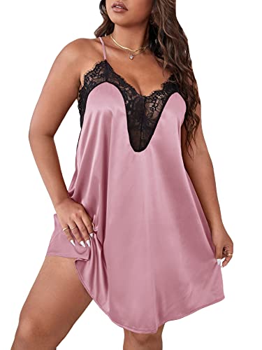 WDIRARA Women's Plus Size Satin Nightgown Lace Trim Backless V Neck Sexy Chemise - 5X-Large Plus - Dusty Pink