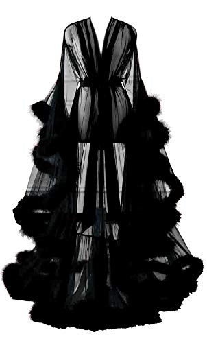 Changuan Sexy Feather Robe Long Fur Tulle Robe for Maternity Photoshoot Sheer Lingerie Bathrobe Sleepwear - 4X-Large - Black