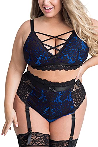 EVELUST Plus Size Lingerie for Women - Sexy Luxe Criss-cross Bra Lace Cup Classic Underwear High Waisted Suspender Set - 4X-Large - Black Blue