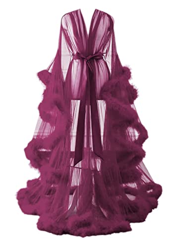 Changuan Sexy Feather Robe Long Fur Tulle Robe for Maternity Photoshoot Sheer Lingerie Bathrobe Sleepwear - 4X-Large - Desert Rose
