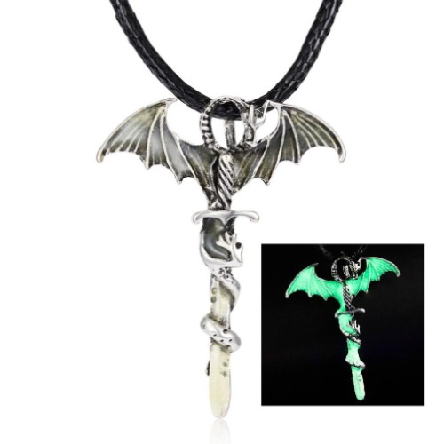 Dragon Glow In Dark Pendant Rope Necklace - Yellow-Green