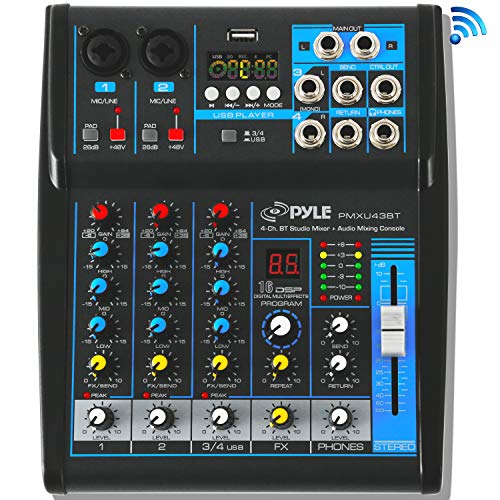Pyle Professional Audio Mixer Sound Board Console System Interface 4 Channel Digital USB Bluetooth MP3 Computer Input 48V Phantom Power Stereo DJ Studio Streaming FX 16-Bit DSP Processor - PMXU43BT.5 - Professional Audio Mixer System