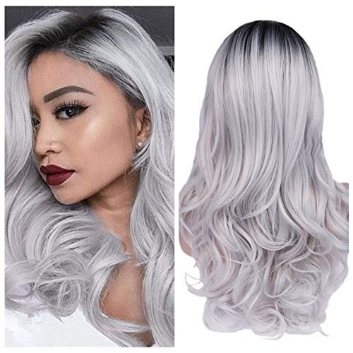 Quantum Love Wigs Ombre Wig Black to Gray Middle Part Long Wavy Wig Heat Resistant Synthetic Daily Party Wig for Women - Ombre Black To Gray