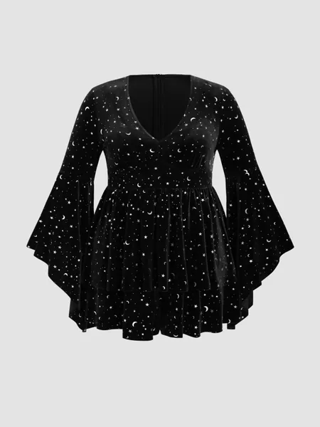 Velvet V-neck Star & Moon Pattern Bell Sleeve Romper