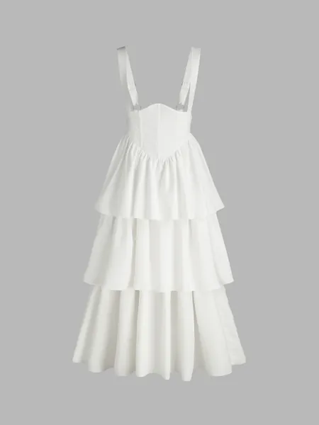 Solid Layered Ruffle Corset Buckle Cami Maxi Dress
