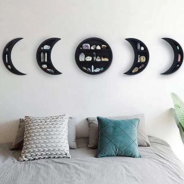 Gibbous Nimbus Large 12.2" Moon Phase Shelf Set (5 PCS) - Boho Wall Decor - Black Wooden Crescent Moon Crystal Display Shelf Decor…