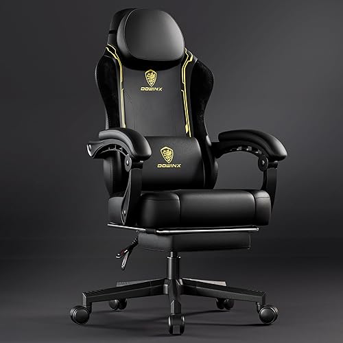 Dowinx Gaming Stuhl Racing Gamer Stuhl, Ergonomischer Gaming Sessel mit Lendenwirbelstütze, Gaming Chair PU Leder PC-Stuhl Verbreiterte Rückenlehne 150KG, Gelb - Noir Jaune