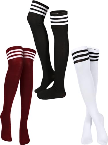 SATINIOR 3 Pairs Knee High Socks Thigh High Socks Triple Stripe over the Knee Socks Long Opaque Thigh High Stockings - One Size - Black, Wine Red, White