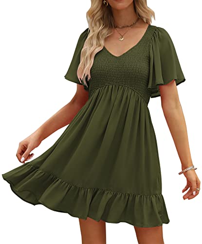 LILLUSORY Women's Flowy Casual Mini Dresses 2024 Summer Smocked V Neck Flutter Sleeve Ruffle Dress with Pockets - Medium - Army Green