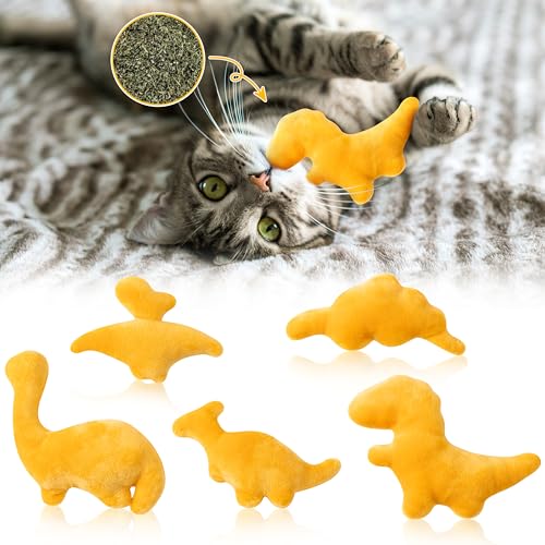 MALLMALL6 Catnip Toys for Cat - 5Pcs Dino Nuggets Cat Toys, Dinosaur Chicken Nugget Catmint Interactive Gift for Indoor Cats, Plush Golden Cat Supplies, Chew Cat Toy Set, Cute Pet Gifts for Cat Lover