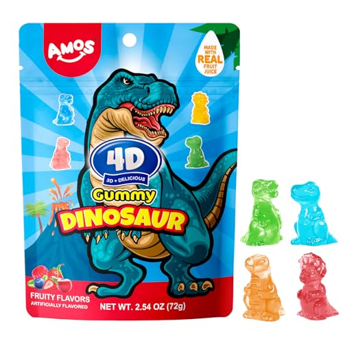 Amos 4D Dinosaur Gummy Candy, Dino Treats for Kids Birthday Party, Dinosaur Themed Snacks, 2.54oz Resealable Bag (Pack of 4)