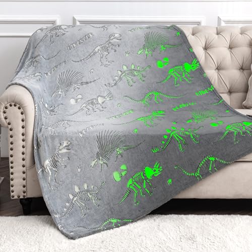 Dinosaur Toys Gifts for Kids Boys - Dino Glow in The Dark Blanket Best Birthday Christmas Valentines Easter Presents for Girls Toddler Age 1 2 3 4 5 6 7 8 9 10 Years Old Child Teen Soft Throw 50"x60" - Grey Dinosaur Toys