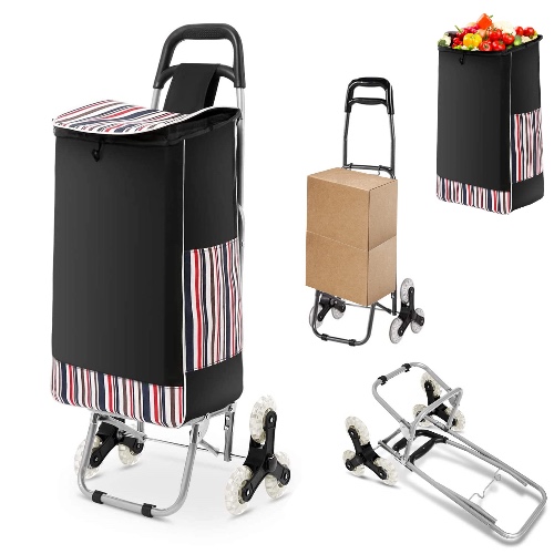 WOOKRAYS Folding Shopping Cart, Stair Climber Shopping Cart 200 lbs Capacity Grocery Cart on Wheels with Detachable Bags 2 Extra Pockets Anti-Slip Bar Trolley Carts Utility Trolley - 