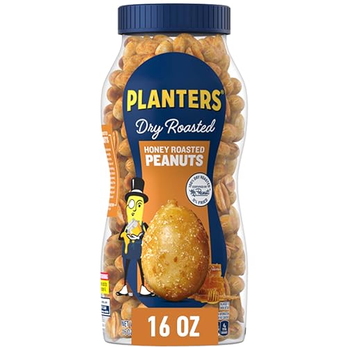 PLANTERS Honey Roasted Peanuts, Party Snack, Plant-Based Protein, After School Snack, Sweet and Salty, Salted Nuts, Flavored with Sea Salt and Honey, Quick Snacks for Adults, Kosher, 16oz Jar - Honey Roasted - 16 Ounce (Pack of 1)