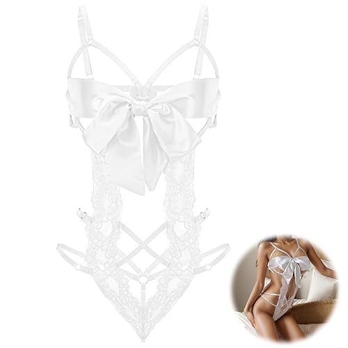 Women Sexy Lingerie Set Unwrap Me Bow Tie Lingerie Lace Smooth Ribbon Lingerie for Ladies Valentines Outfit - White
