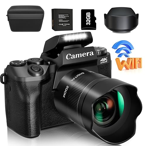 Saneen Digital Camera, 4k Cameras for Photography & Video, 64MP WiFi Touch Screen Vlogging Camera for YouTube with Flash, 32GB Card, Lens Hood, 3000mAH Battery, Front and Rear Cameras - Black - 4K & 64MP-Black