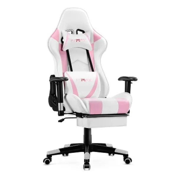 Ficmax Girl Gaming Chair with Footrest, Racing Style Gamer Chair with Massage, Reclining Computer Chair for Gaming, Ergonomic Gamer Chair for E-Sports, Height Adjustable Gaming Desk Chair (Pink)